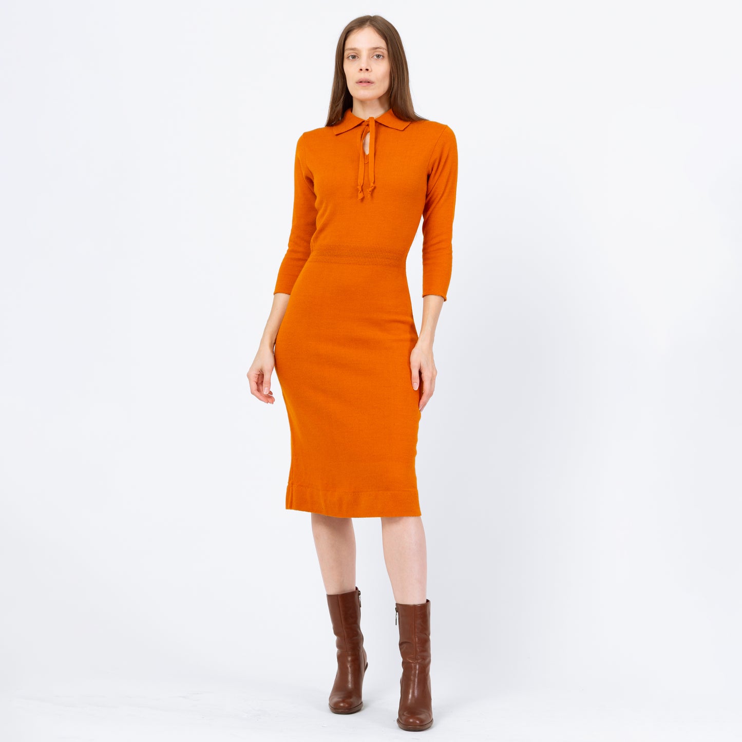 Vintage 50s Orange Midi Sweater Dress - Extra Small to Small