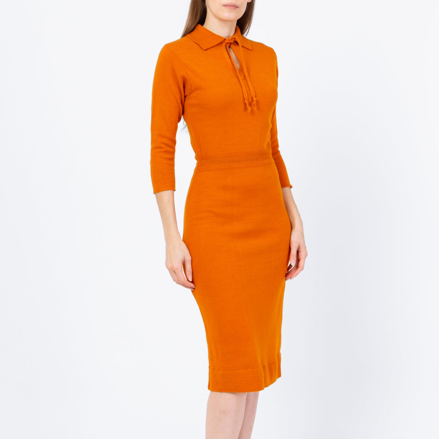 Vintage 50s Orange Midi Sweater Dress - Extra Small to Small