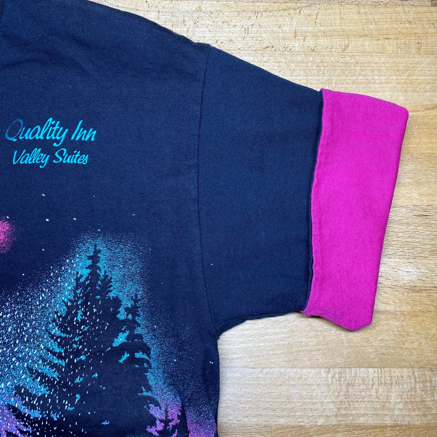 90s Vaporwave Winter Scene T Shirt - Unisex Medium | Vintage Black Pink Cuffed Graphic Tourist Tee