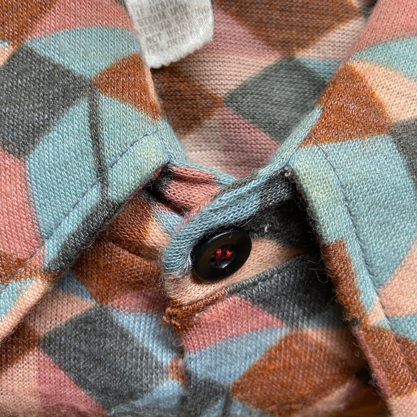 70s Optical Illusion Knit Disco Shirt - Men's Small | Vintage Abstract Geometric Op Art Collared Long Sleeve Top