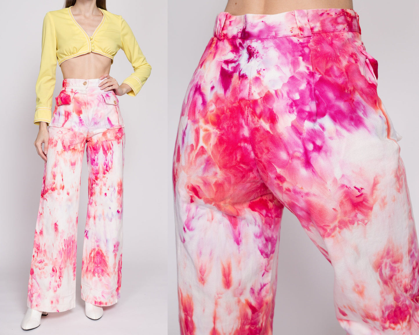 S| 70s Tie Dye Sailor Jeans - Small, 26.5" | Vintage White Pink High Waisted Wide Leg Flared Cotton Pants