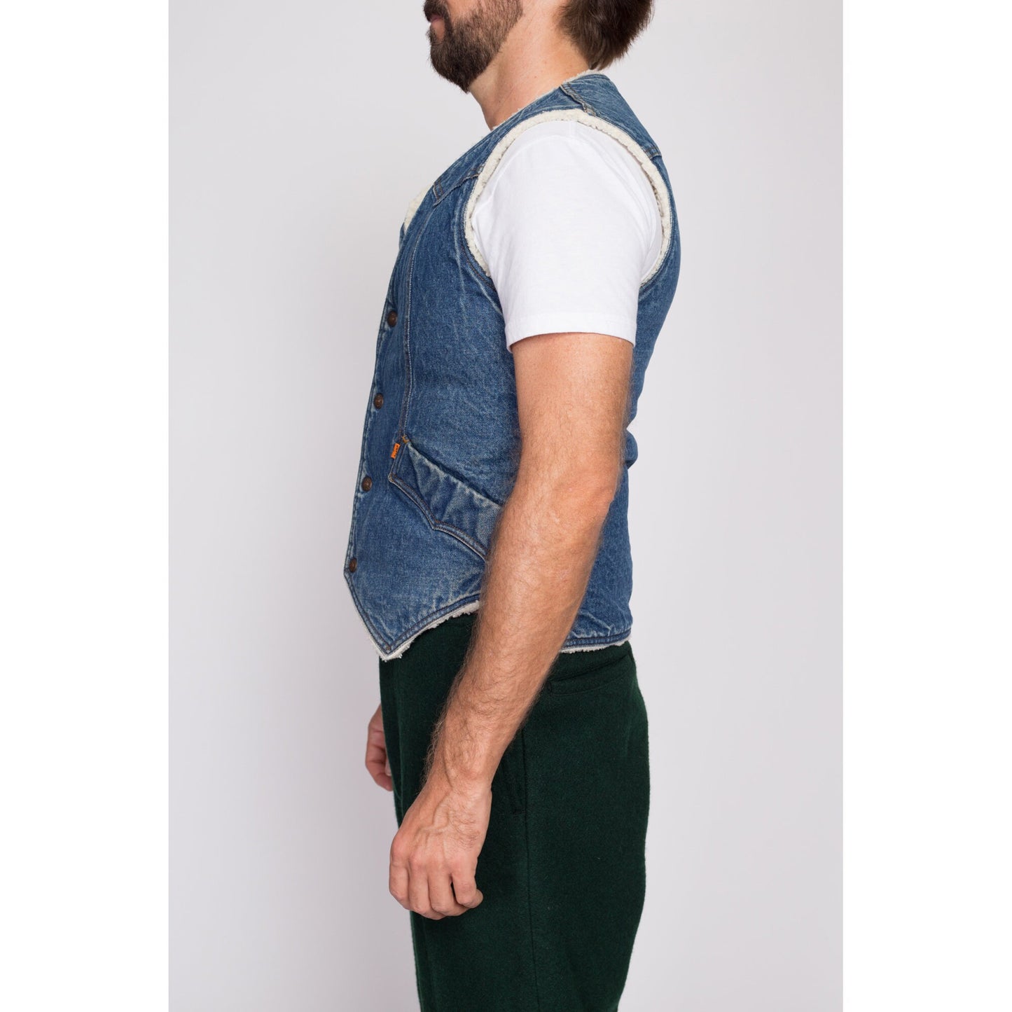 S| 70s 80s Levis Denim Sherpa Vest - Men's Small | Vintage Western Shearling Lined Sleeveless Jean Jacket