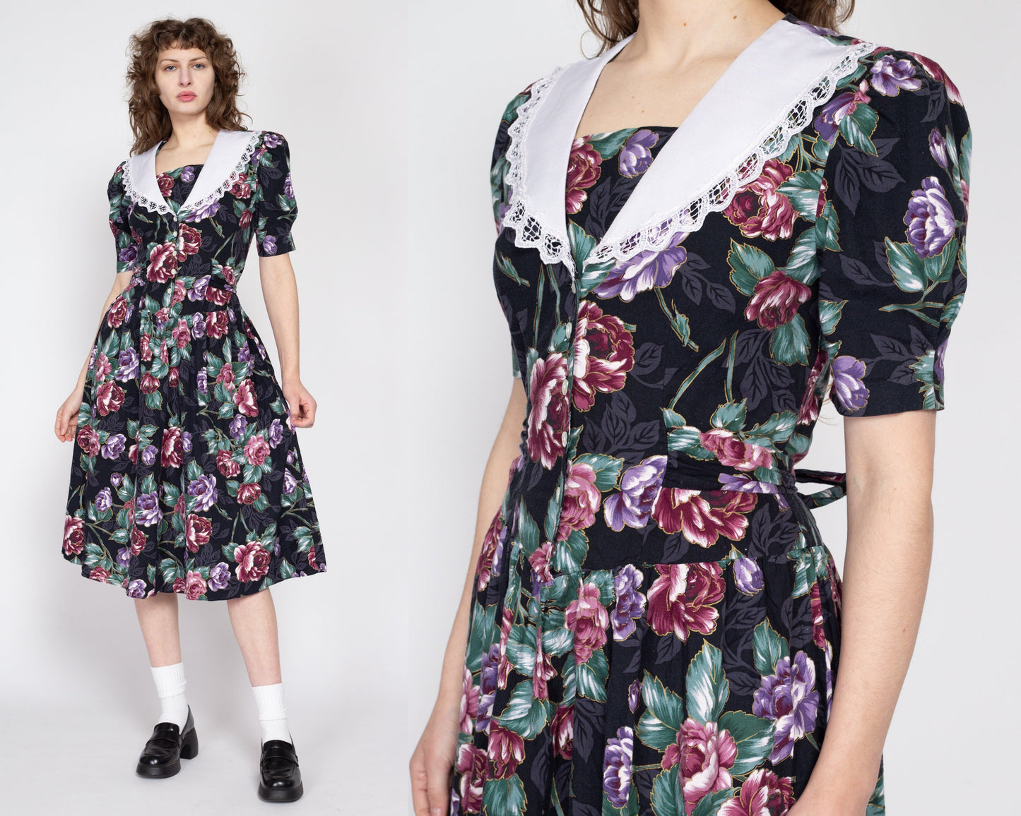 Medium 80s Black Floral Sailor Collar Fit & Flare Dress | Vintage Boho Fitted Waist Puff Sleeve Midi Dress