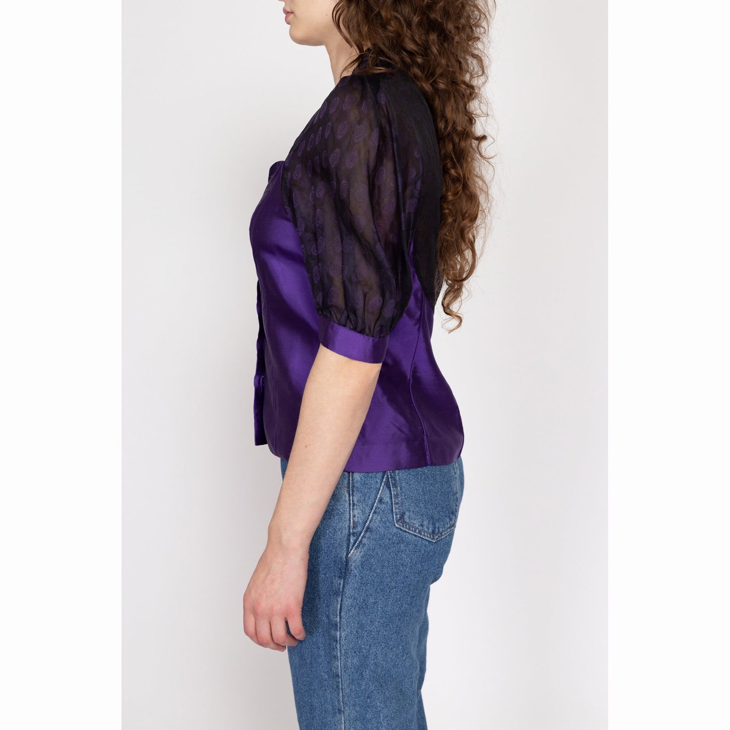Small 80s Purple Silk Puff Sleeve Blouse | Vintage Sheer Back Sweetheart Neck Button Up Retro Top