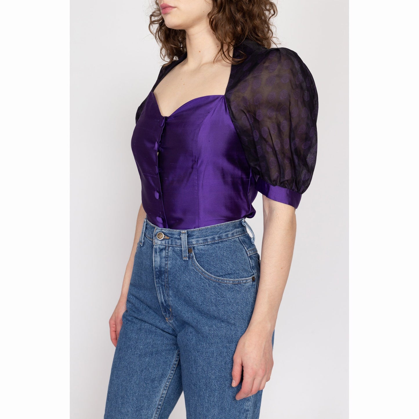 Small 80s Purple Silk Puff Sleeve Blouse | Vintage Sheer Back Sweetheart Neck Button Up Retro Top