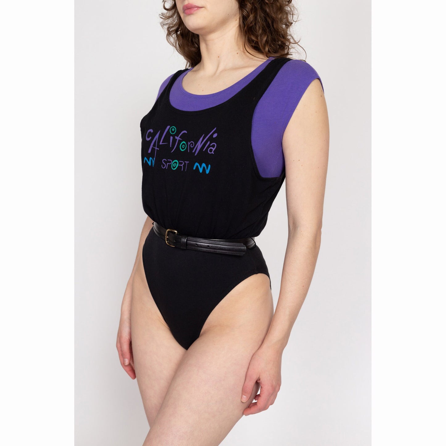 Small 80s California Sport Aerobics Leotard | Vintage Black Purple Workout Wear One Piece High Hip Bodysuit