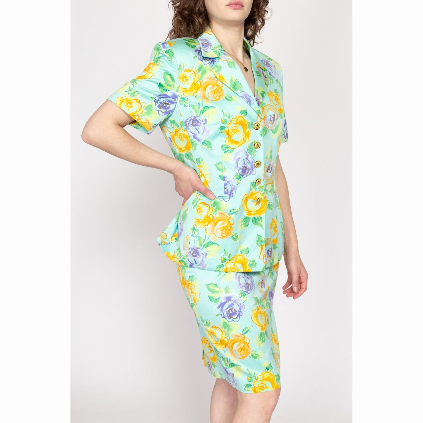 Medium 80s Escada Aqua Blue Floral Skirt Suit Set | Vintage Short Sleeve Blazer Jacket & Knee Length Skirt Two Piece Outfit