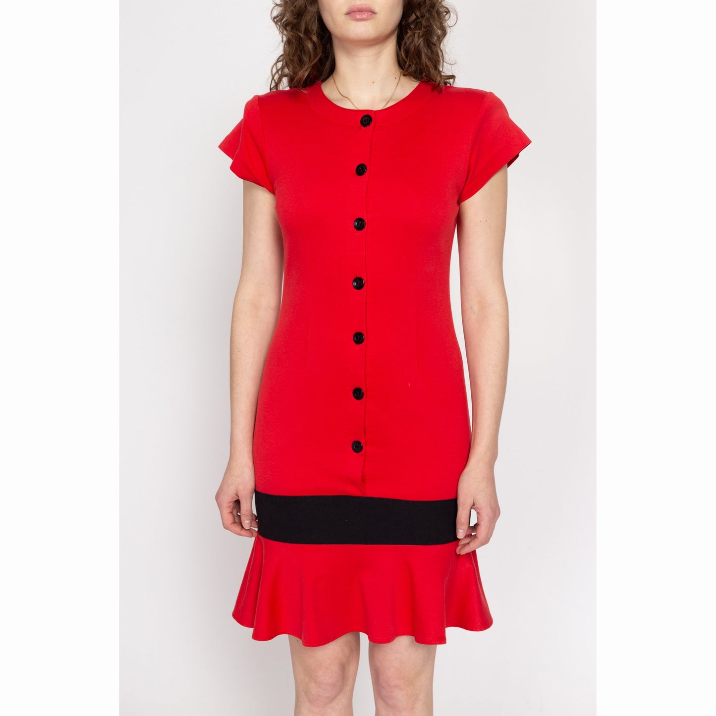 Small 80s Red & Black Color Block Ruffle Hem Dress | Vintage Button Up Short Sleeve Fitted Mini Cocktail Dress