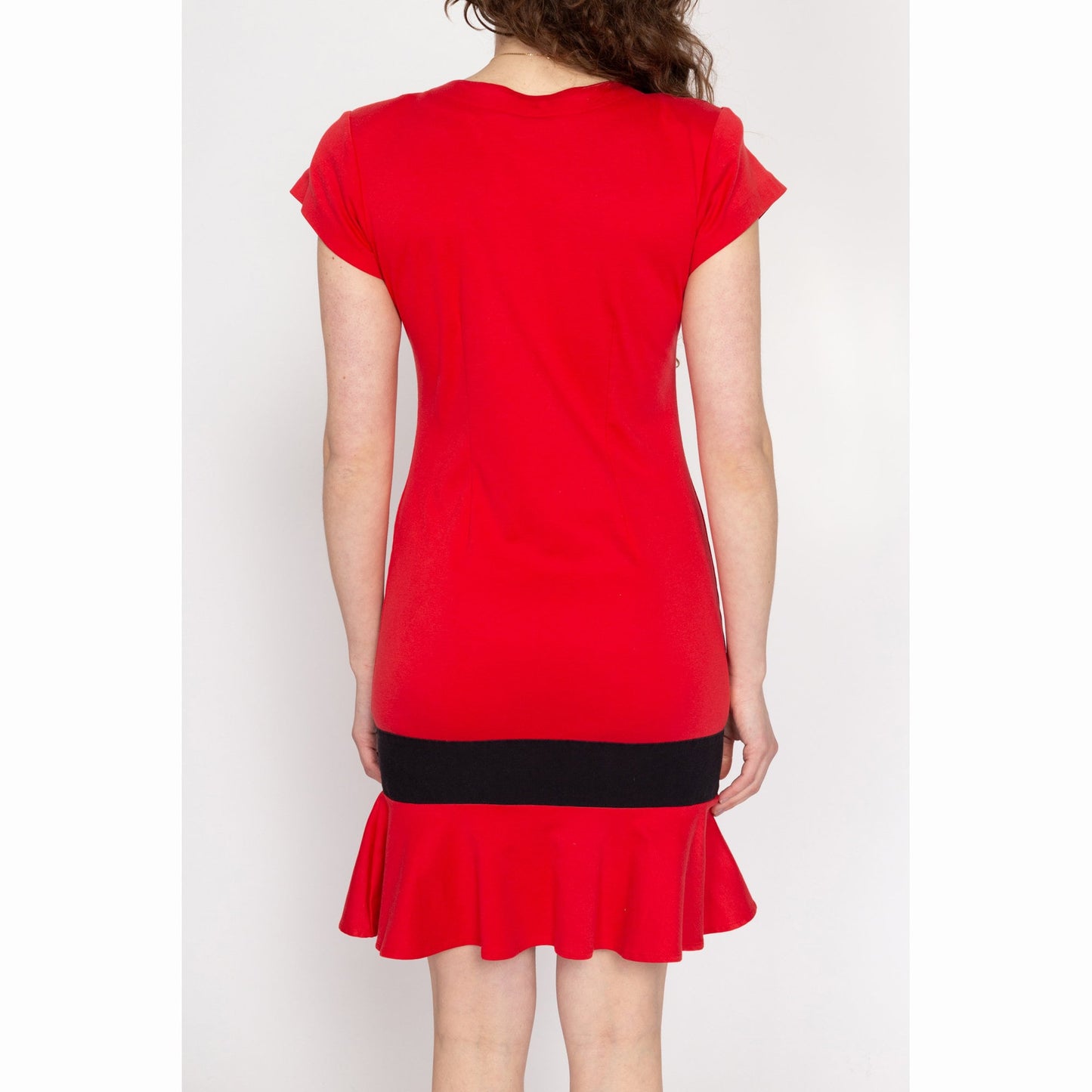 Small 80s Red & Black Color Block Ruffle Hem Dress | Vintage Button Up Short Sleeve Fitted Mini Cocktail Dress