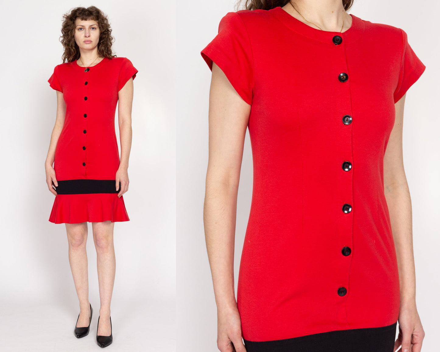 Small 80s Red & Black Color Block Ruffle Hem Dress | Vintage Button Up Short Sleeve Fitted Mini Cocktail Dress