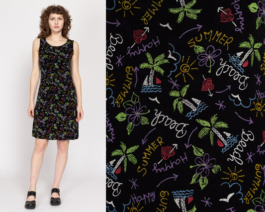 Medium 90s Beach Vacation Print Mini Tank Dress | Vintage Black Sleeveless Stretchy Summer Sundress