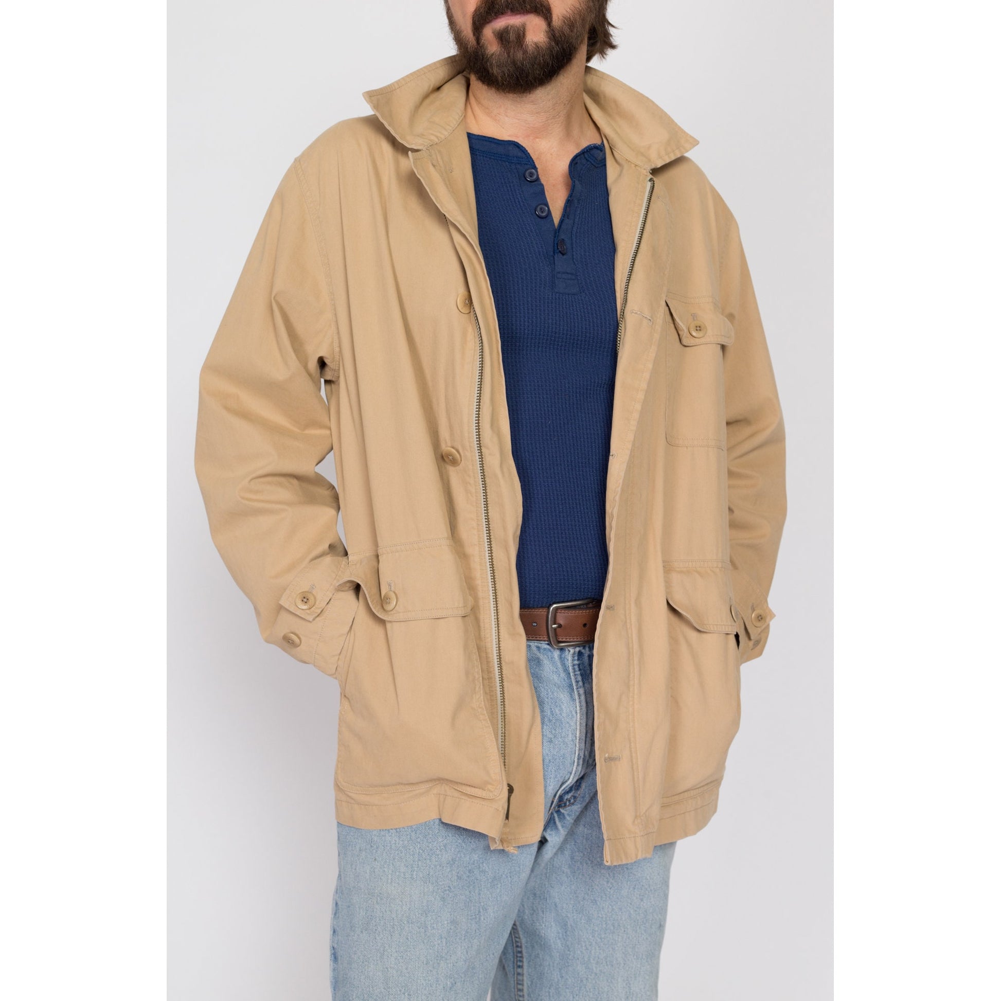 Medium 90s Polo Ralph Lauren Khaki Chore Coat | Vintage Tan Button Up Lightweight Field Jacket