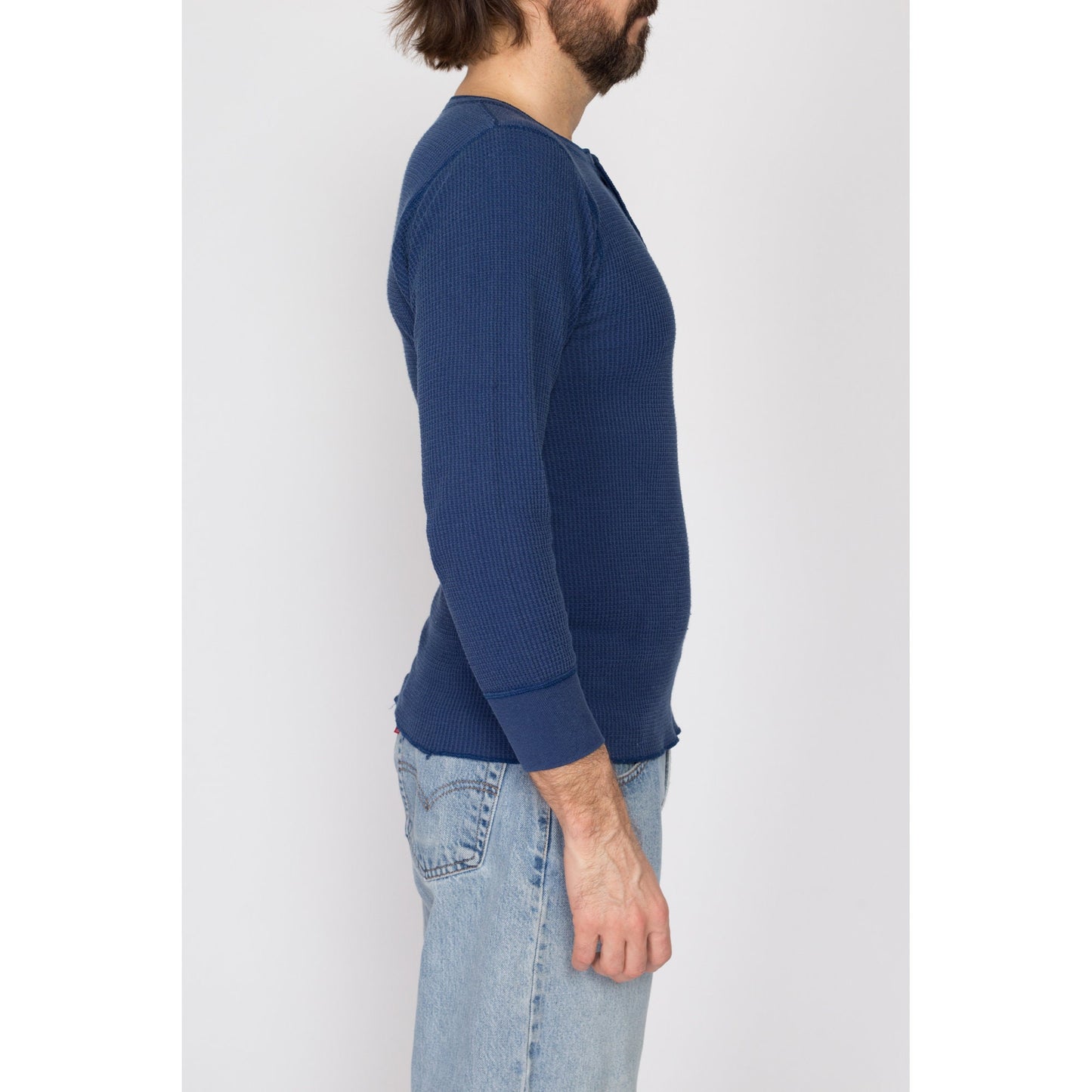 Medium 80s Navy Blue Waffle Knit Henley Shirt | Vintage Plain Long Sleeve Thermal Top