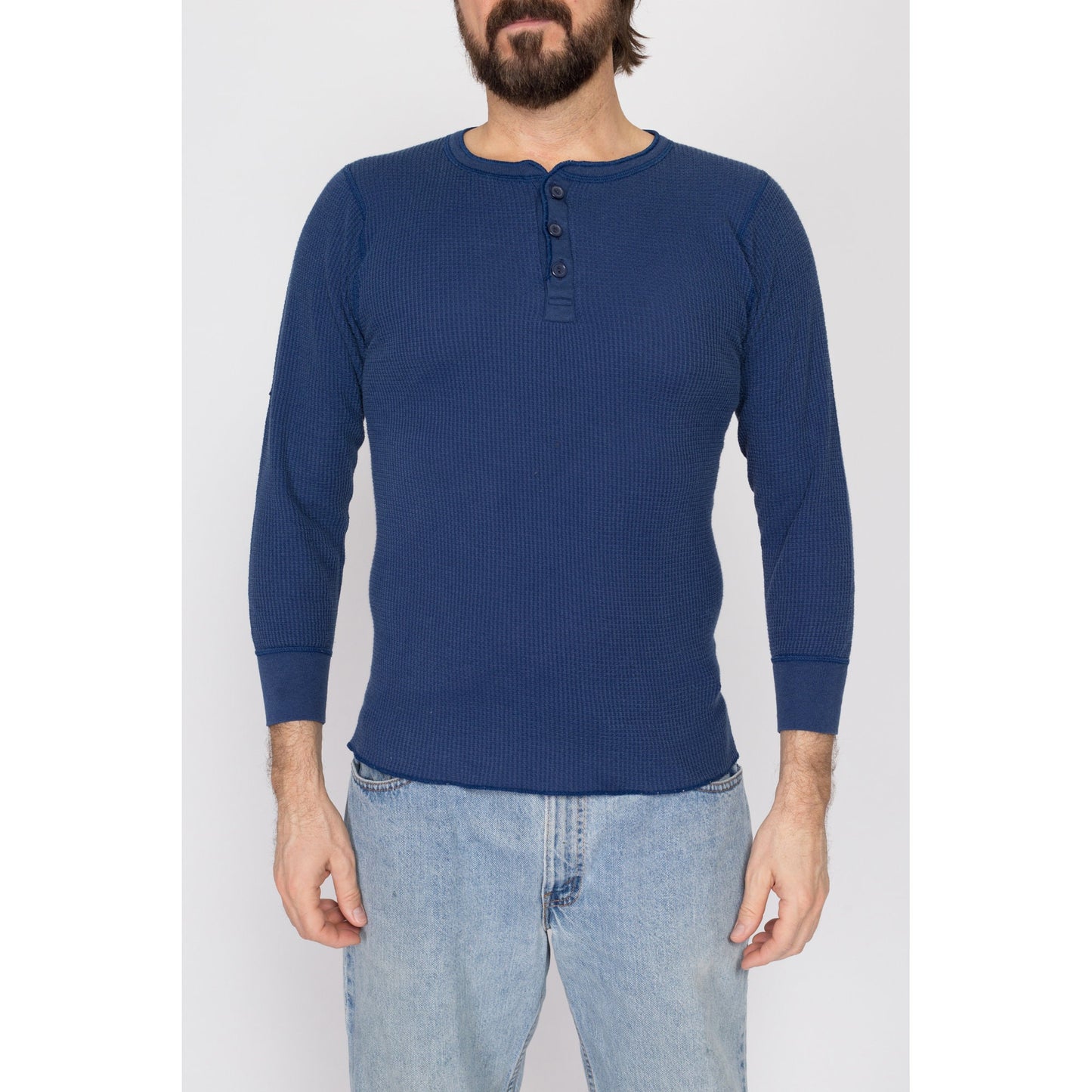 Medium 80s Navy Blue Waffle Knit Henley Shirt | Vintage Plain Long Sleeve Thermal Top