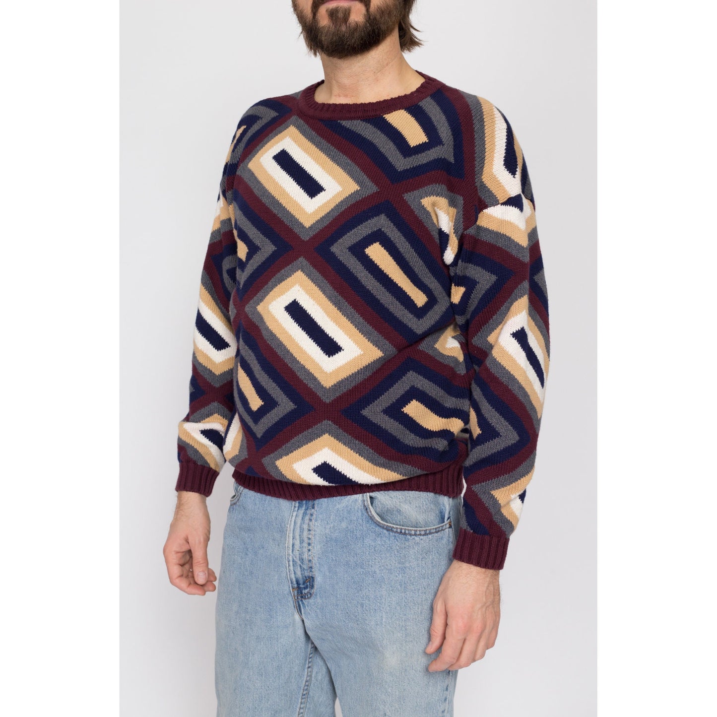 Med-Lrg 90s Geometric Earth Tone Knit Sweater | Vintage Henry Grethel Cotton Slouchy Streetwear Pullover