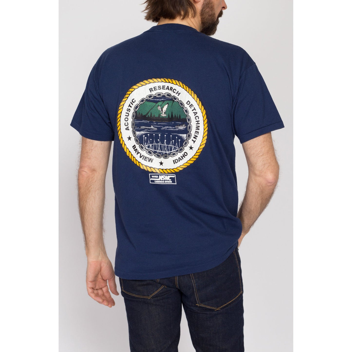 90s Acoustic Research Detachment Submarine T Shirt | Vintage Bayview Idaho Blue US Navy Graphic Tee