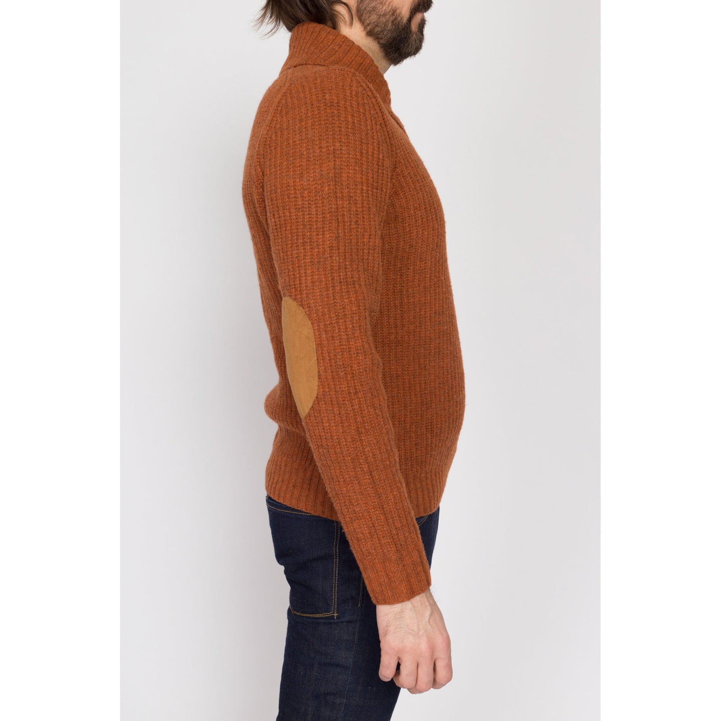 Medium 70s Orange Shawl Collar Elbow Patch Sweater | Vintage Marled Knit Wool Blend Collared Pullover