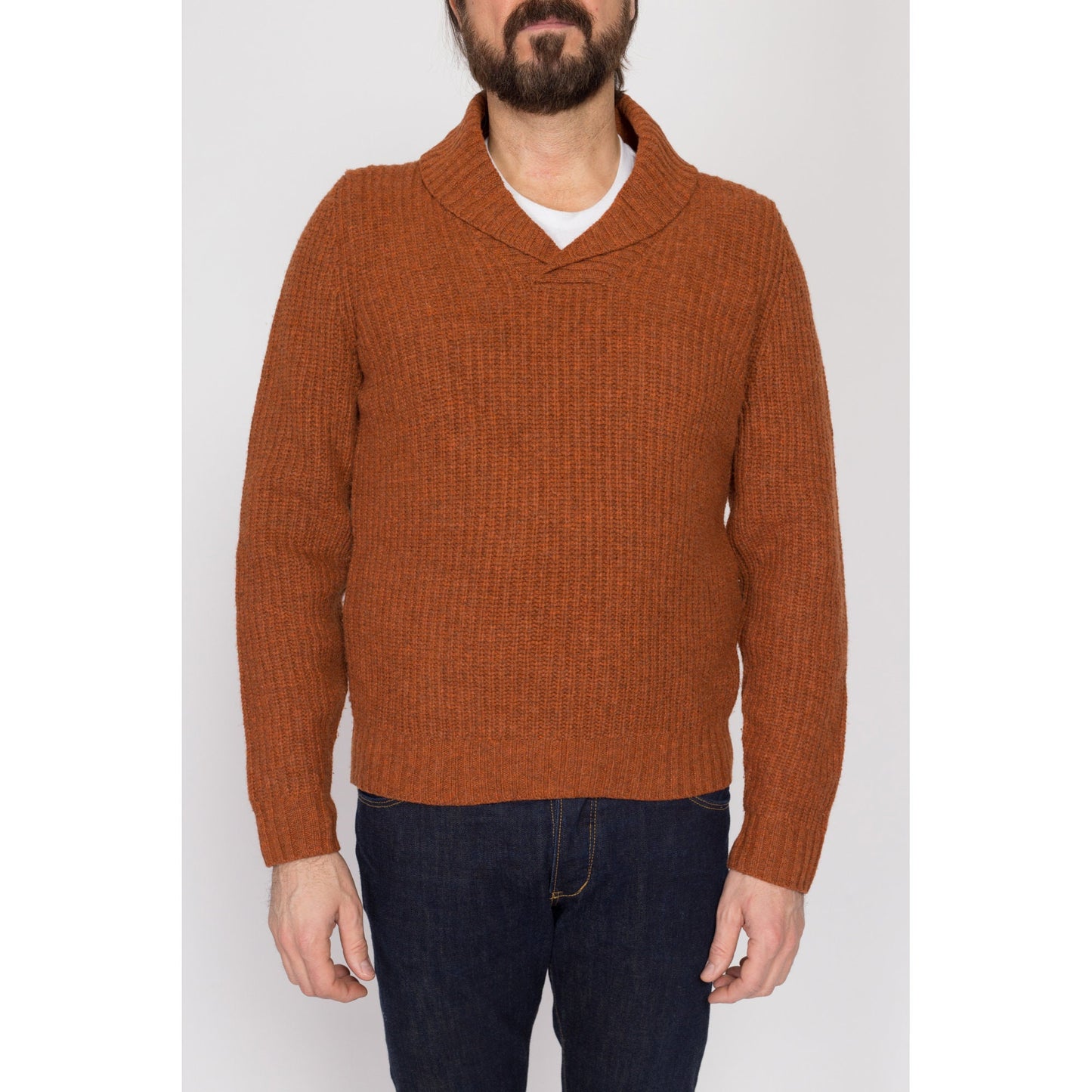 Medium 70s Orange Shawl Collar Elbow Patch Sweater | Vintage Marled Knit Wool Blend Collared Pullover