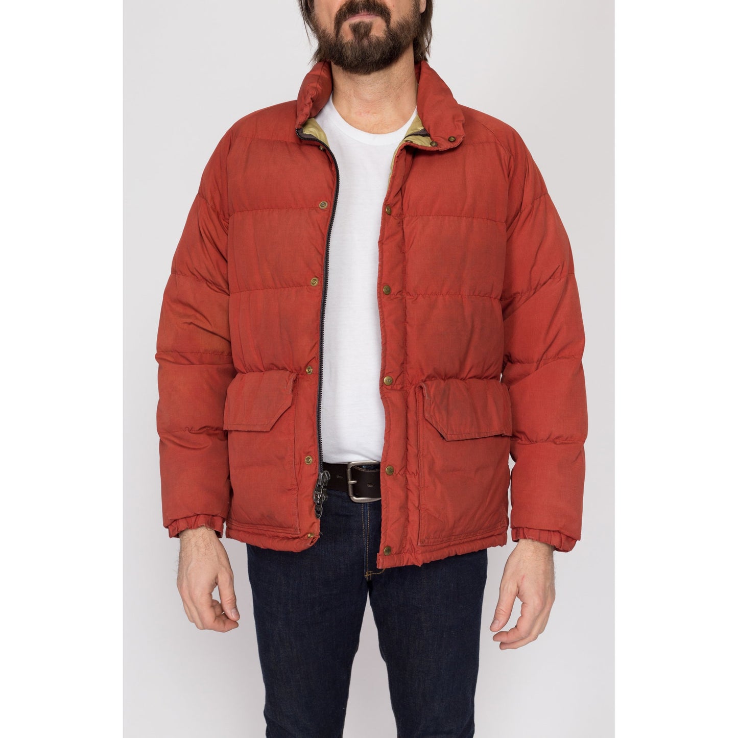 Medium 70s Rust Red Down Fill Puffer Winter Coat | Vintage Men's Zip Up Warm Puffy Ski Jacket