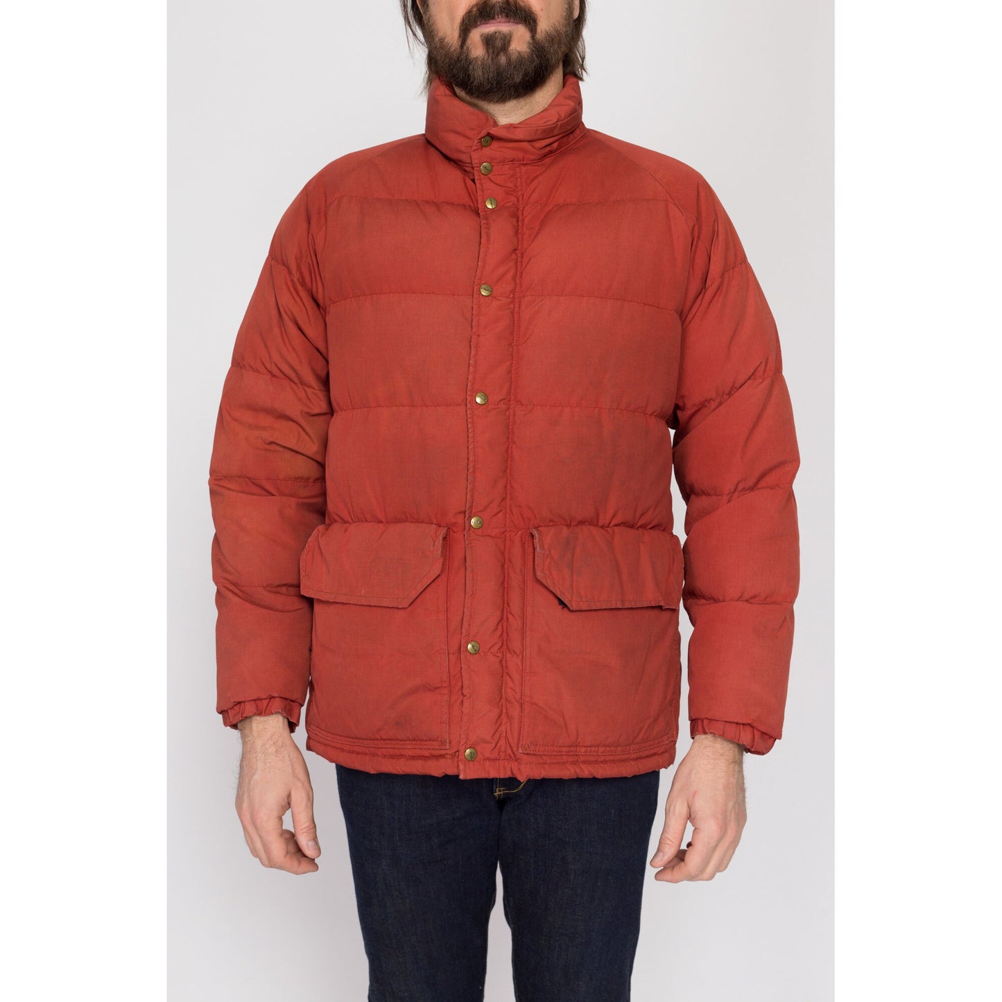 Medium 70s Rust Red Down Fill Puffer Winter Coat | Vintage Men's Zip Up Warm Puffy Ski Jacket