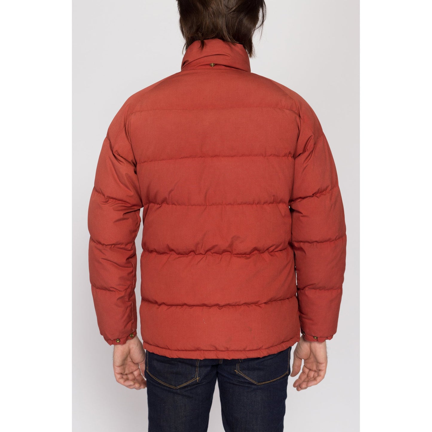 Medium 70s Rust Red Down Fill Puffer Winter Coat | Vintage Men's Zip Up Warm Puffy Ski Jacket