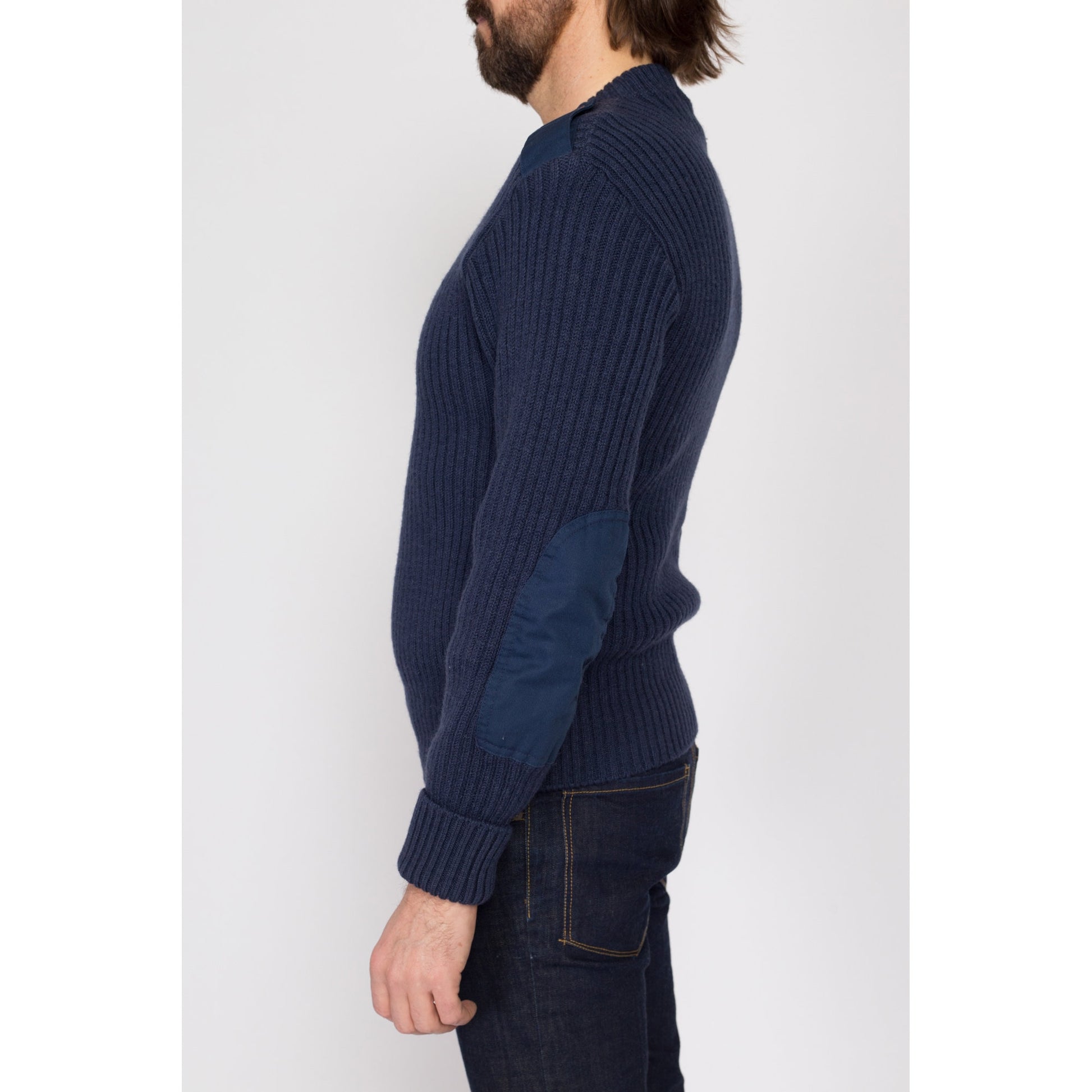 Med-Lrg 80s Navy Blue Ribbed Knit Commando Sweater | Vintage Wool Military Epaulette Elbow Patch Pullover