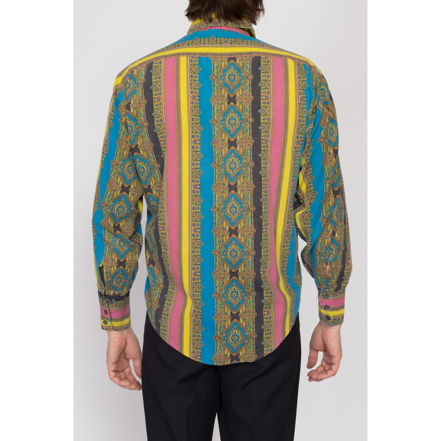 Large 70s Psychedelic Baroque Striped Disco Shirt | Vintage Pointed Collar Long Sleeve Button Up Top