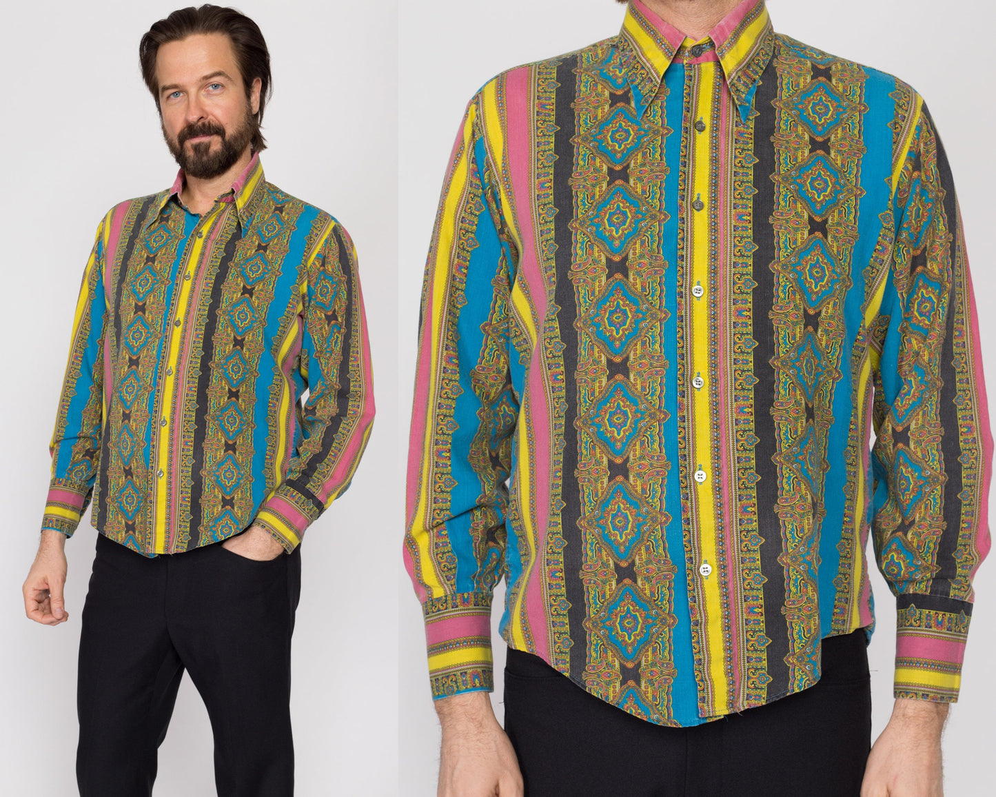Large 70s Psychedelic Baroque Striped Disco Shirt | Vintage Pointed Collar Long Sleeve Button Up Top