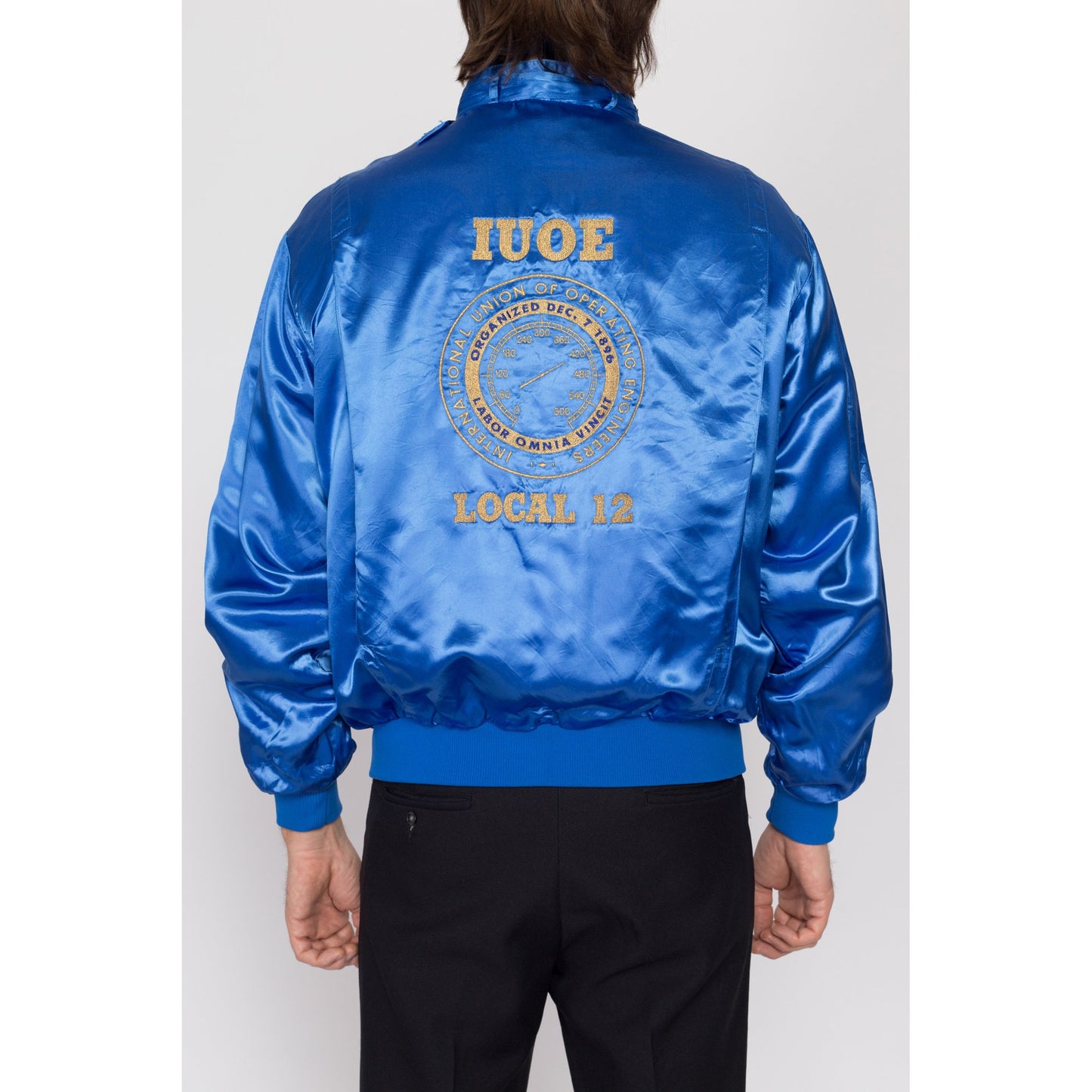 Large 80s Operating Engineers Union Blue Satin Jacket | Vintage IUOE Zip Up Varsity Logo Coat