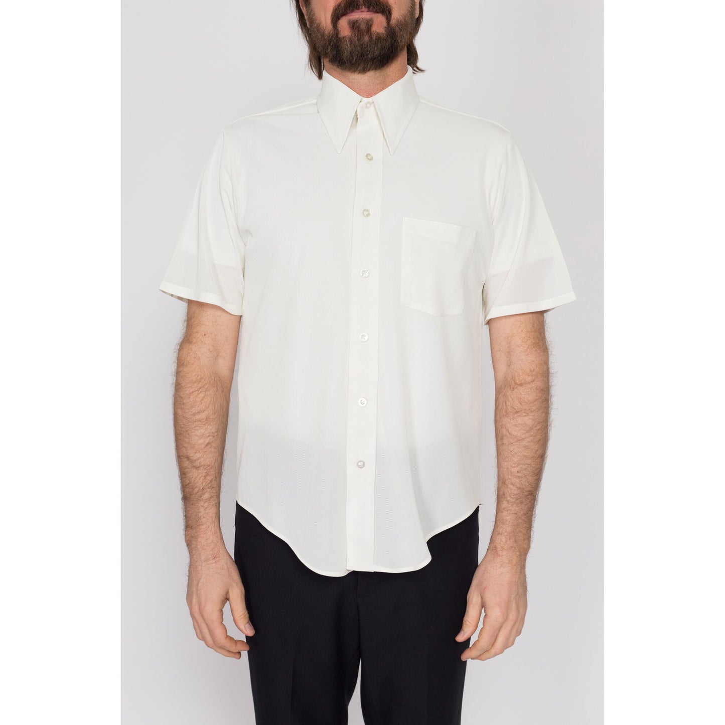 Large 70s Sheer White Short Sleeve Collared Shirt | Vintage Button Up Mesh Top