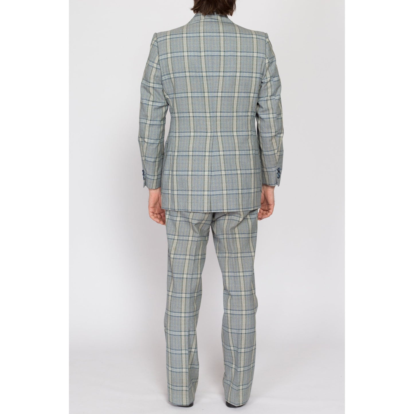 Medium 70s Blue Plaid Suit Set | Vintage Jacket & Bootcut Trousers Matching Two Piece Formal Outfit