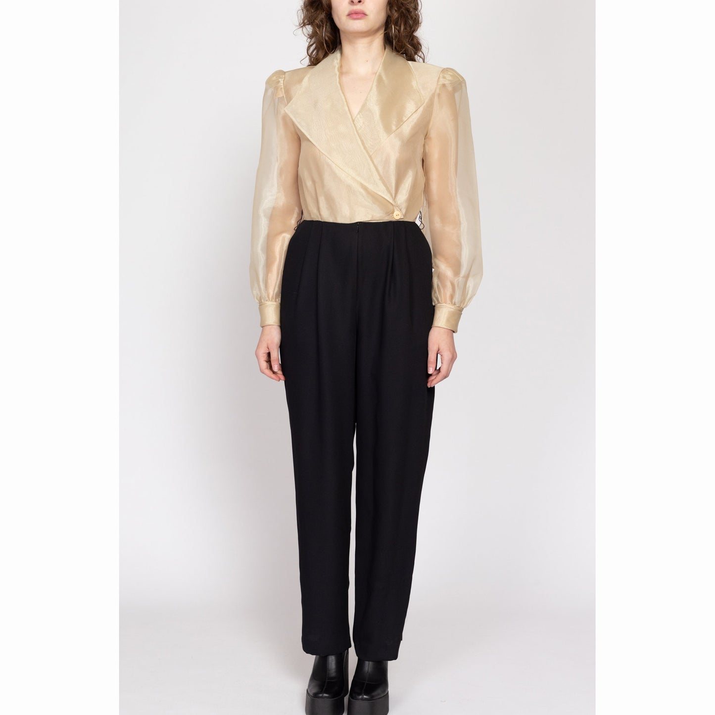 Medium 80s Organza Two Tone Jumpsuit | Vintage Gold Black Sheer Sleeve Collared Pantsuit