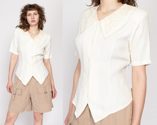 Medium 80s Ivory Lace Chelsea Collar Blouse | Boho Vintage Short Sleeve Button Up Secretary Top