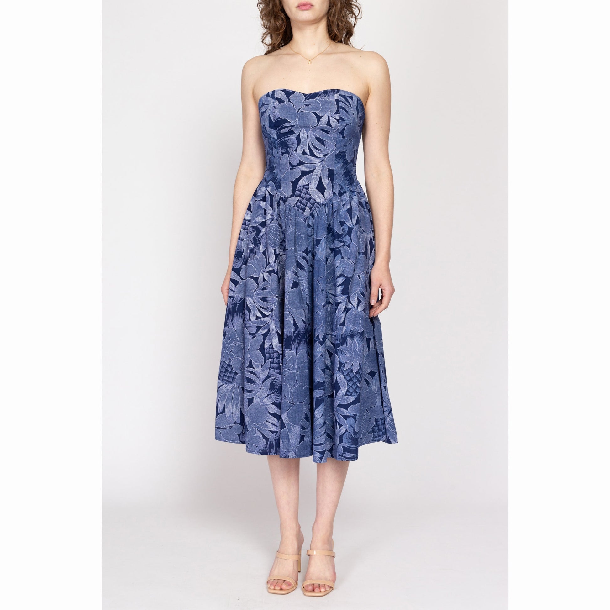 Medium 80s Blue Tropical Floral Strapless Fit & Flare Dress | Vintage Cotton Retro Midi Sundress