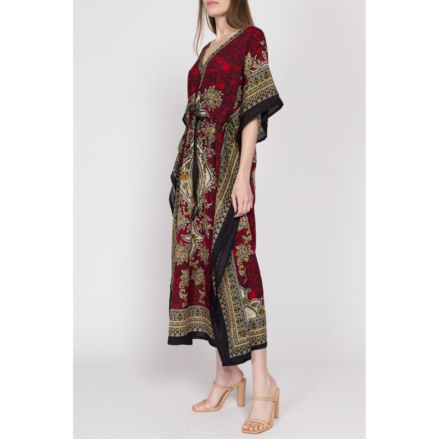 One Size - 70s Boho Red Abstract Print Kaftan Dress | Vintage Maxi Hippie Loungewear Caftan