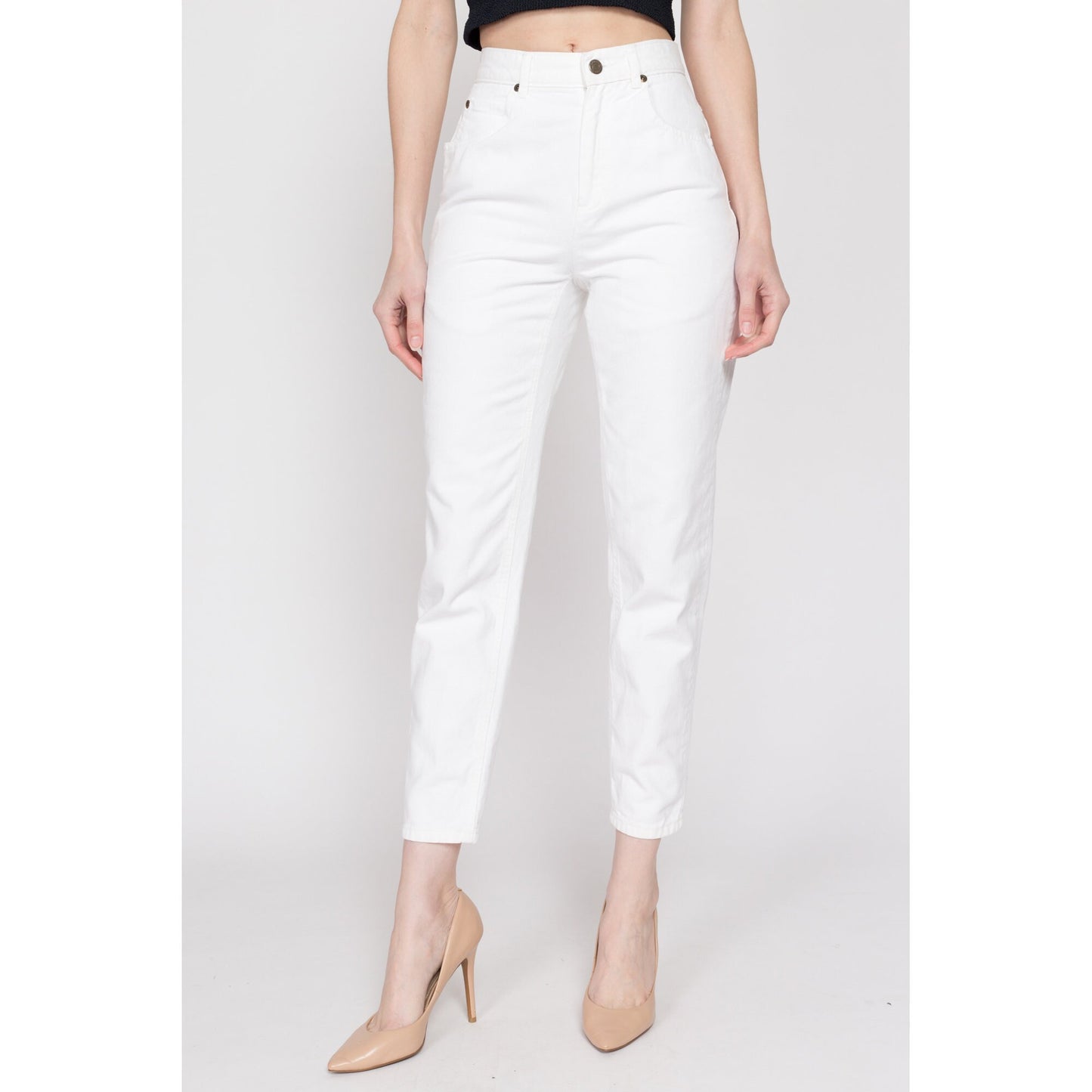 XS 90s White High Waisted Asymmetrical Zipper Jeans 24" | Vintage Liz Wear Cotton Denim Slim Tapered Leg Skinny Mom Jeans