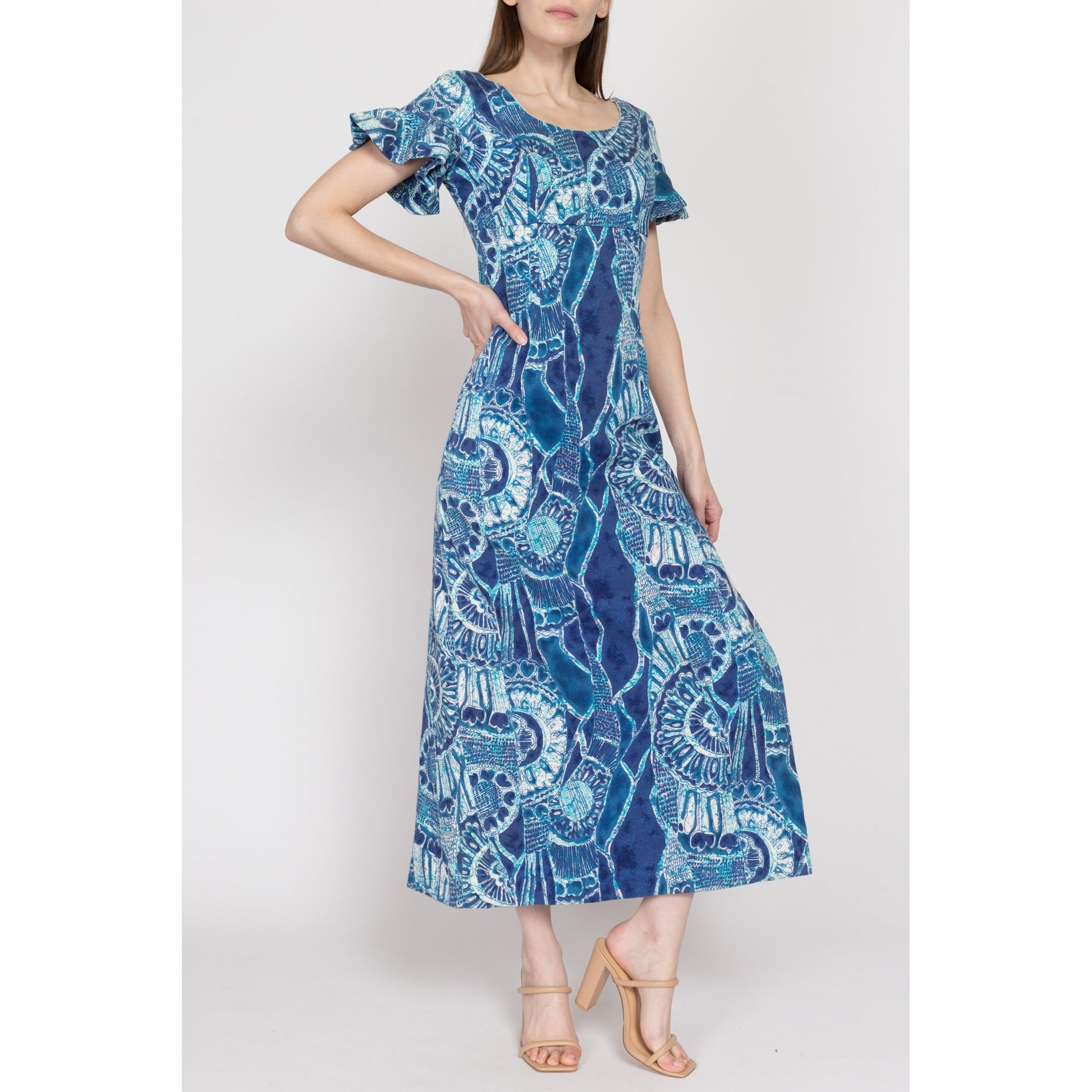 XS 60s Hawaiian Blue Abstract Print Maxi Dress | Vintage Resort Wear Short Sleeve Kaftan Muumuu Sundress