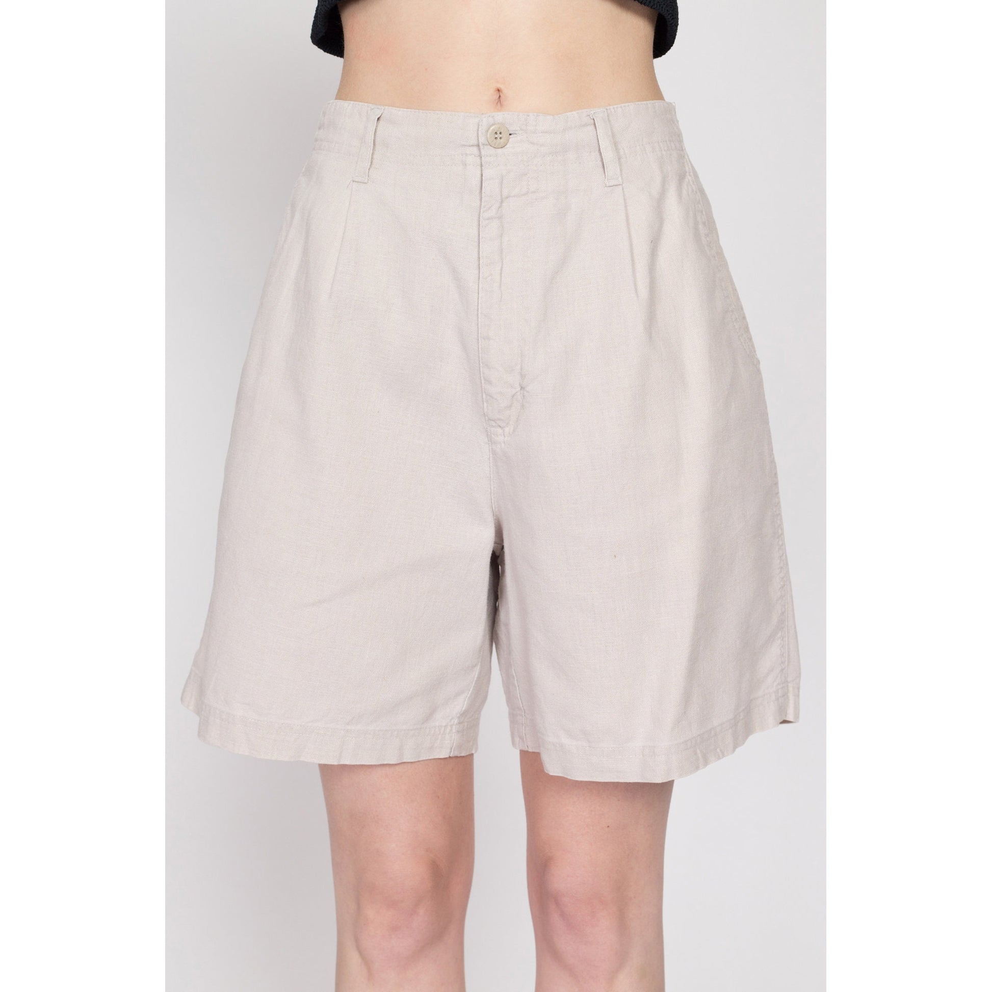 Sm-Med 90s Oatmeal Linen Blend High Waisted Shorts | Vintage Minimalist Khaki Wide Leg Mom Shorts