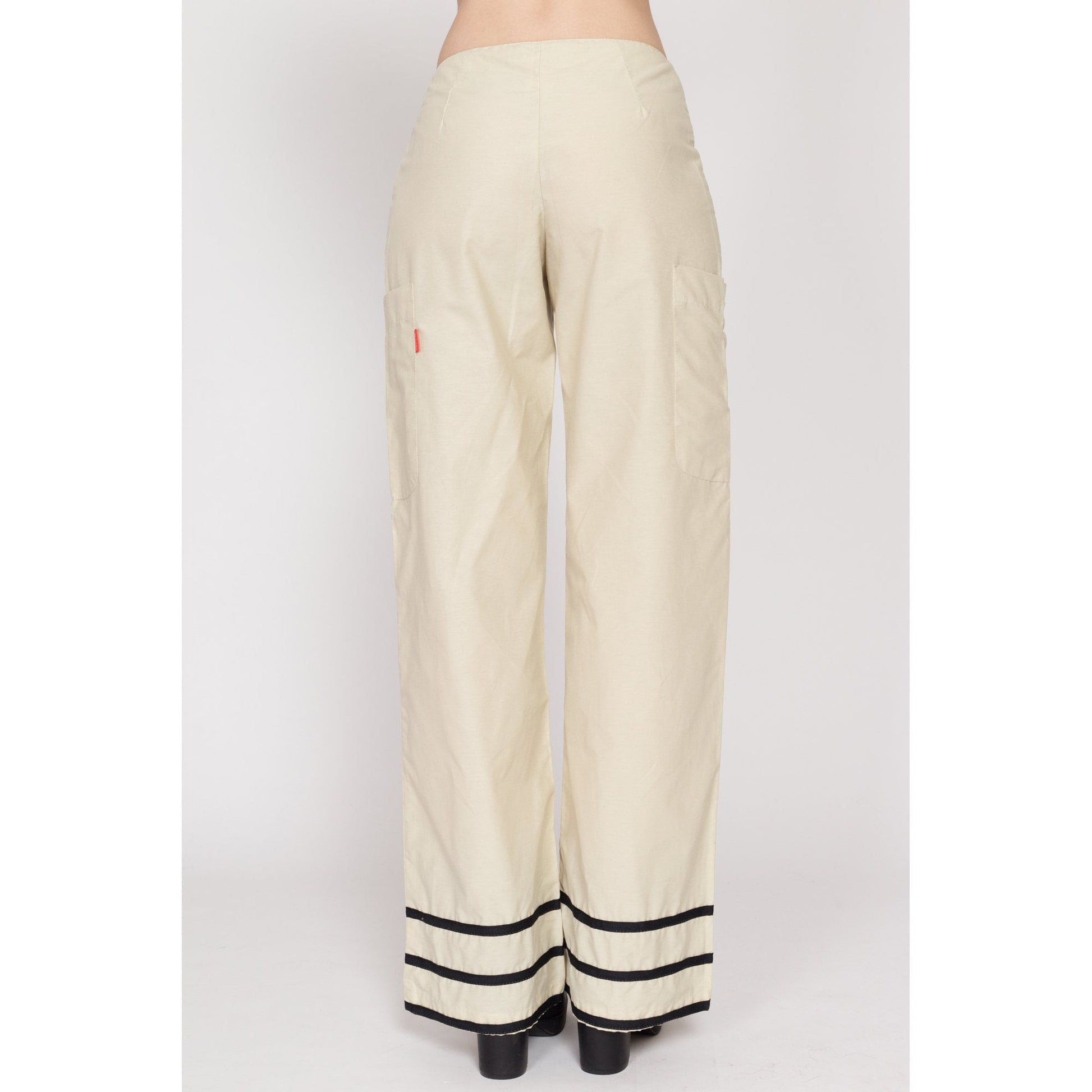 XS Y2K Mid Rise Striped Trim Cargo Pants | Vintage Wide Leg Velcro Parachute Pants