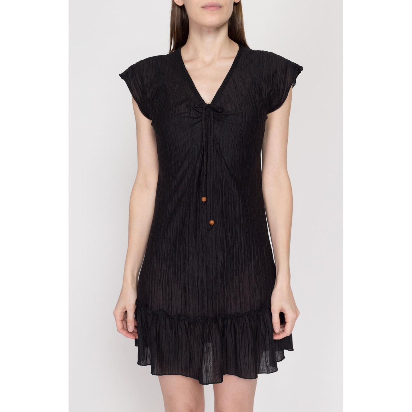 Small 90s Sheer Black Mini Sundress | Vintage Grunge Short Sleeve Boho Beach Cover Up Dress