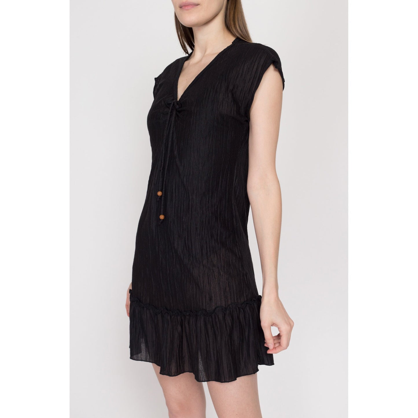 Small 90s Sheer Black Mini Sundress | Vintage Grunge Short Sleeve Boho Beach Cover Up Dress