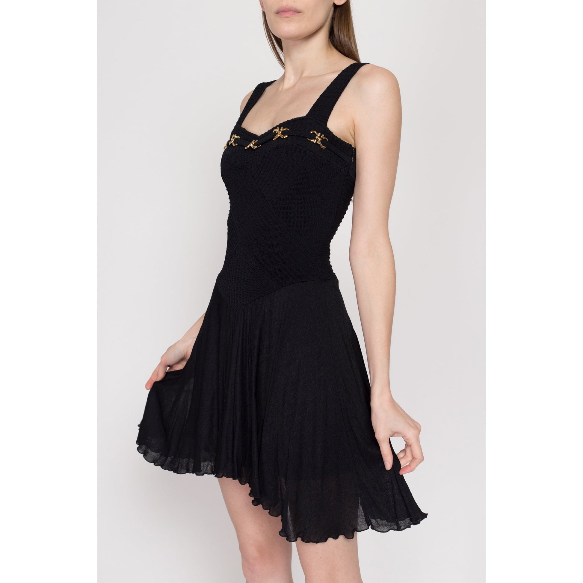 Small 90s Black Gold Chain Mini Party Dress | Vintage Pati-Pat Paris Fit & Flare High Low Hem Dress