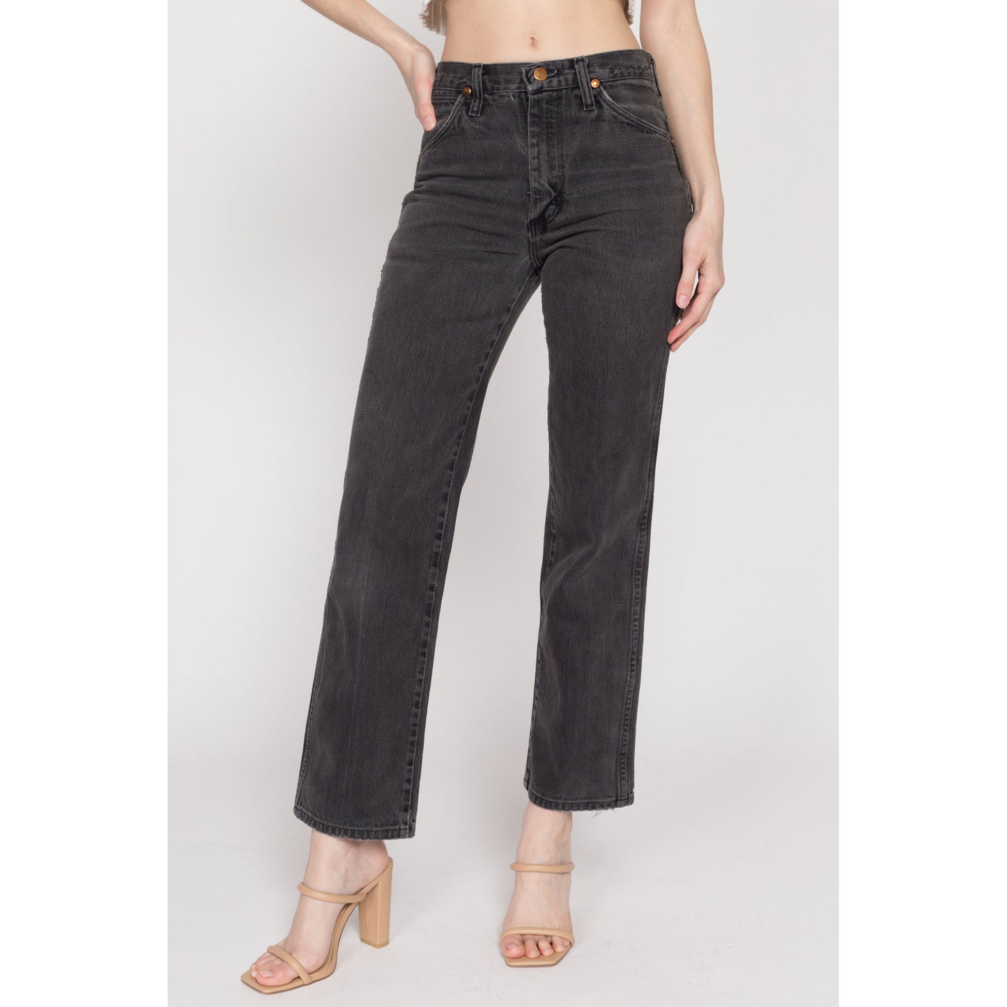 29" Waist 90s Wrangler Faded Black Mid Rise Jeans | Vintage Unisex Cotton Denim Straight Leg Jeans