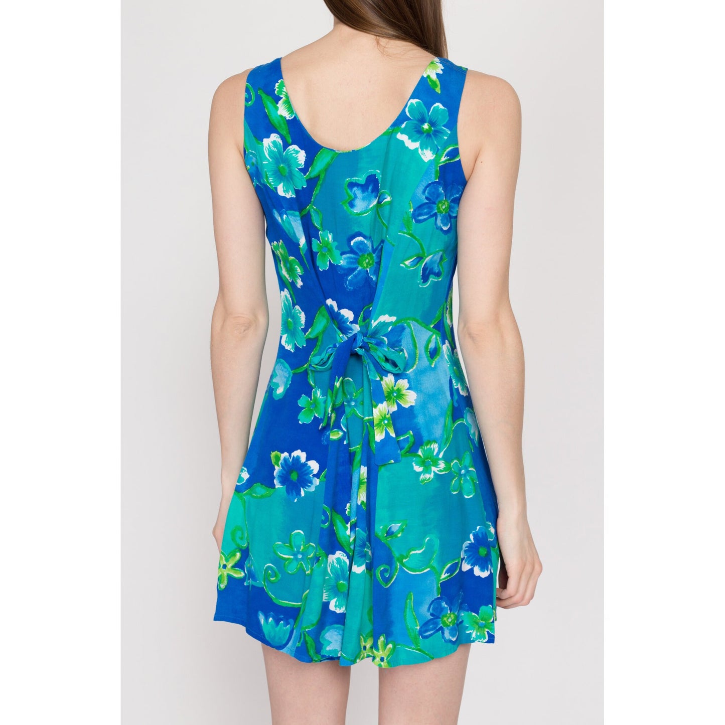 XS 90s Blue & Green Tropical Floral Mini Sundress | Vintage Big Hed Boho Tie Back Sleeveless Summer Tank Dress