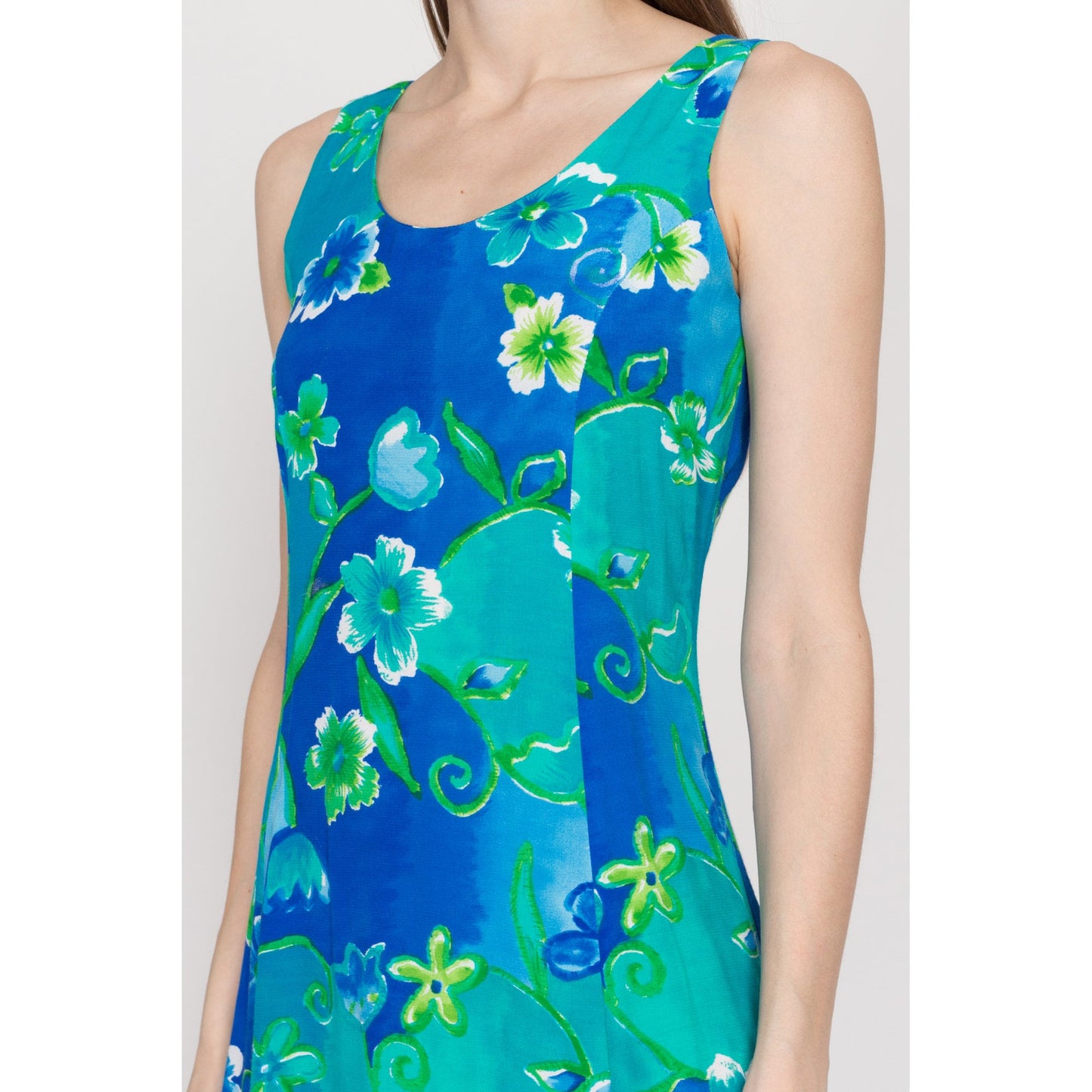 XS 90s Blue & Green Tropical Floral Mini Sundress | Vintage Big Hed Boho Tie Back Sleeveless Summer Tank Dress