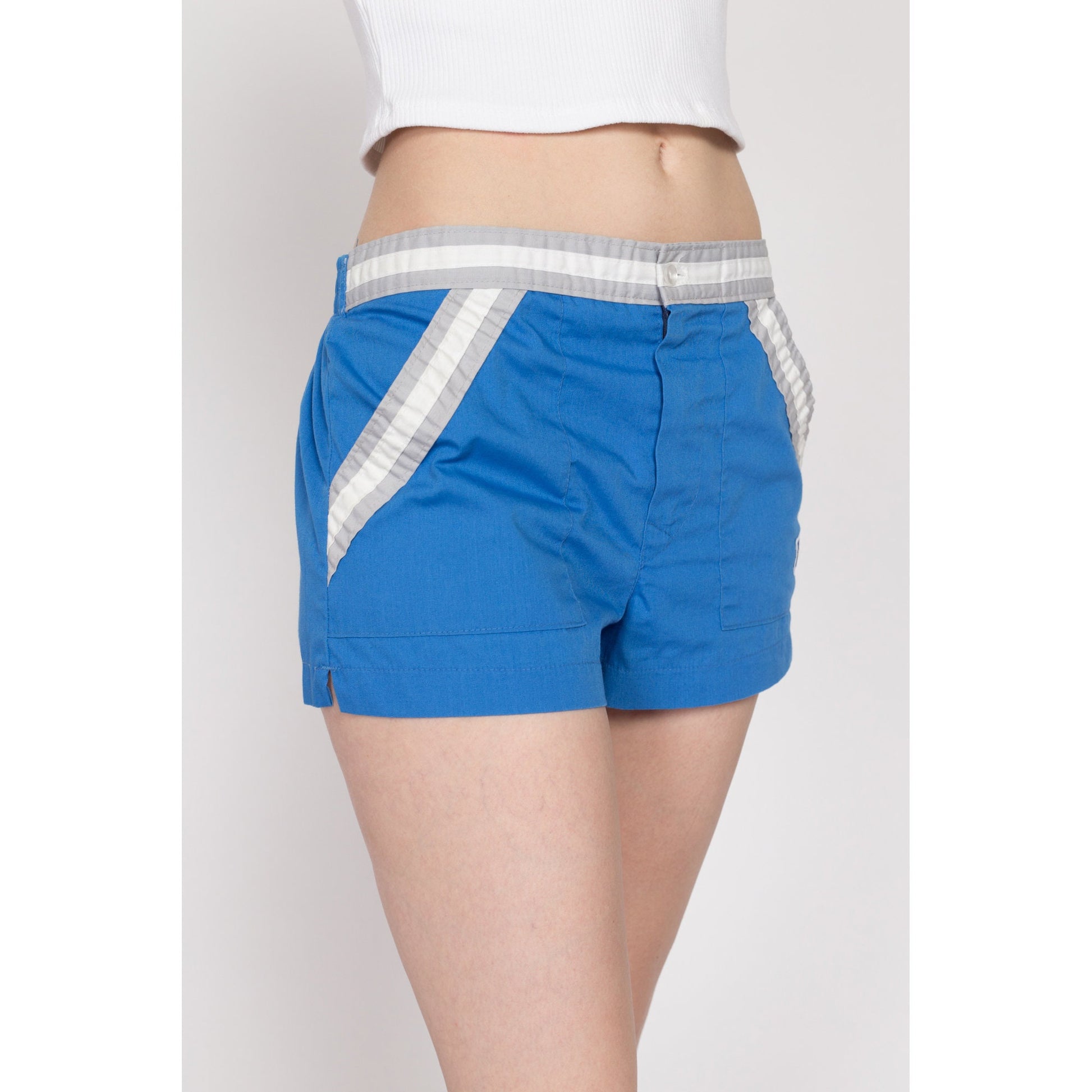 Small 80s Laguna Blue Mini Swim Shorts Unisex | Vintage Striped Trim Mid Rise Swimwear