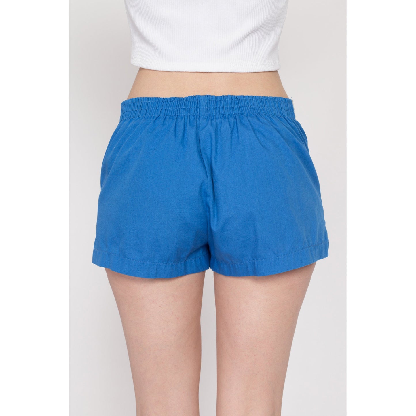 Small 80s Laguna Blue Mini Swim Shorts Unisex | Vintage Striped Trim Mid Rise Swimwear