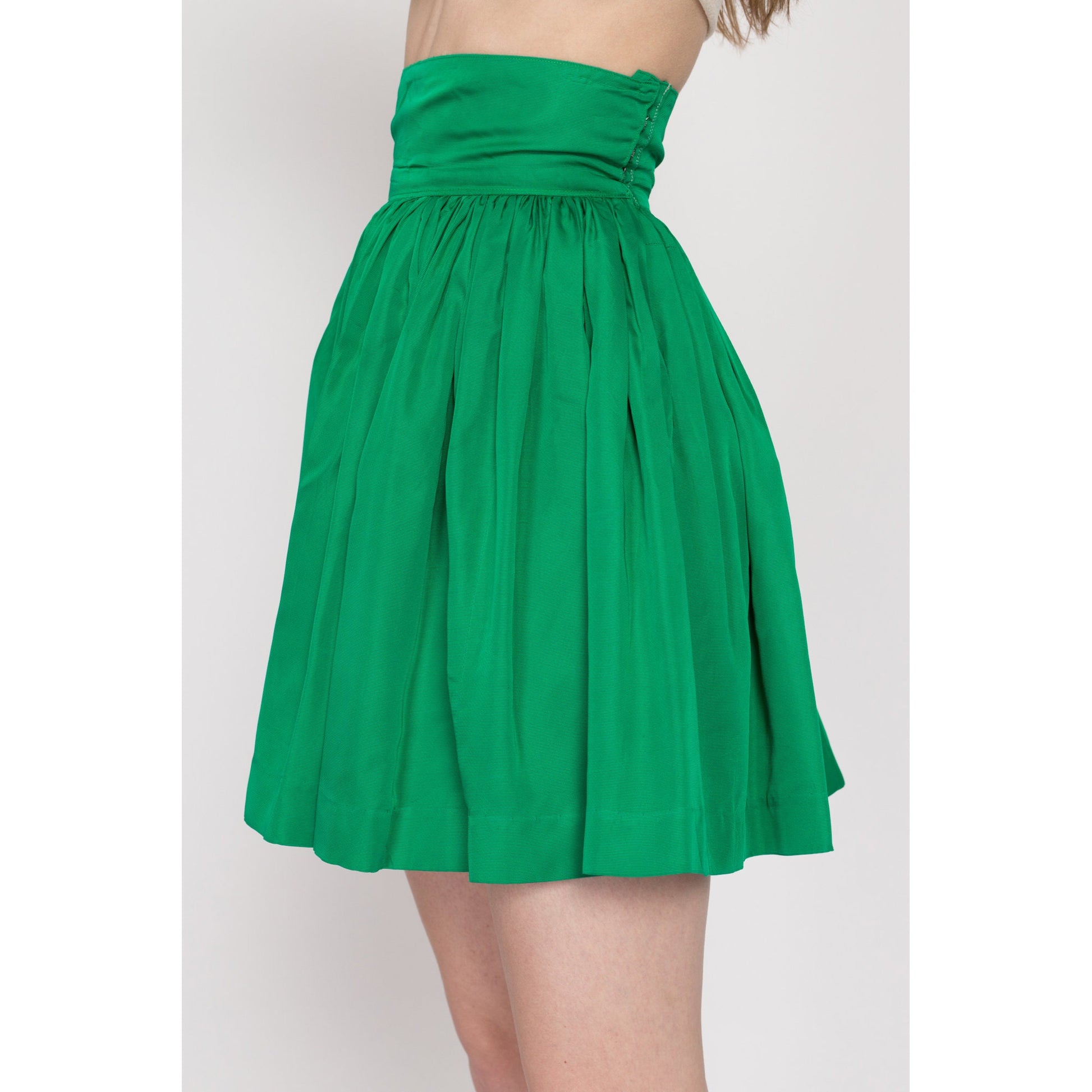 XXS 60s Green Mini Circle Skirt 22" | Vintage Super High Waisted Retro Costume Miniskirt