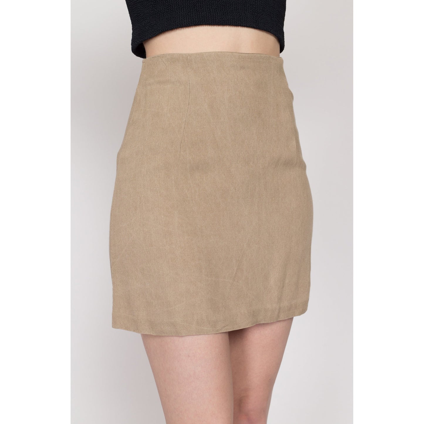 Small 90s Minimalist Tan Mini Skirt 26" | Vintage Plain High Waisted A Line Skirt