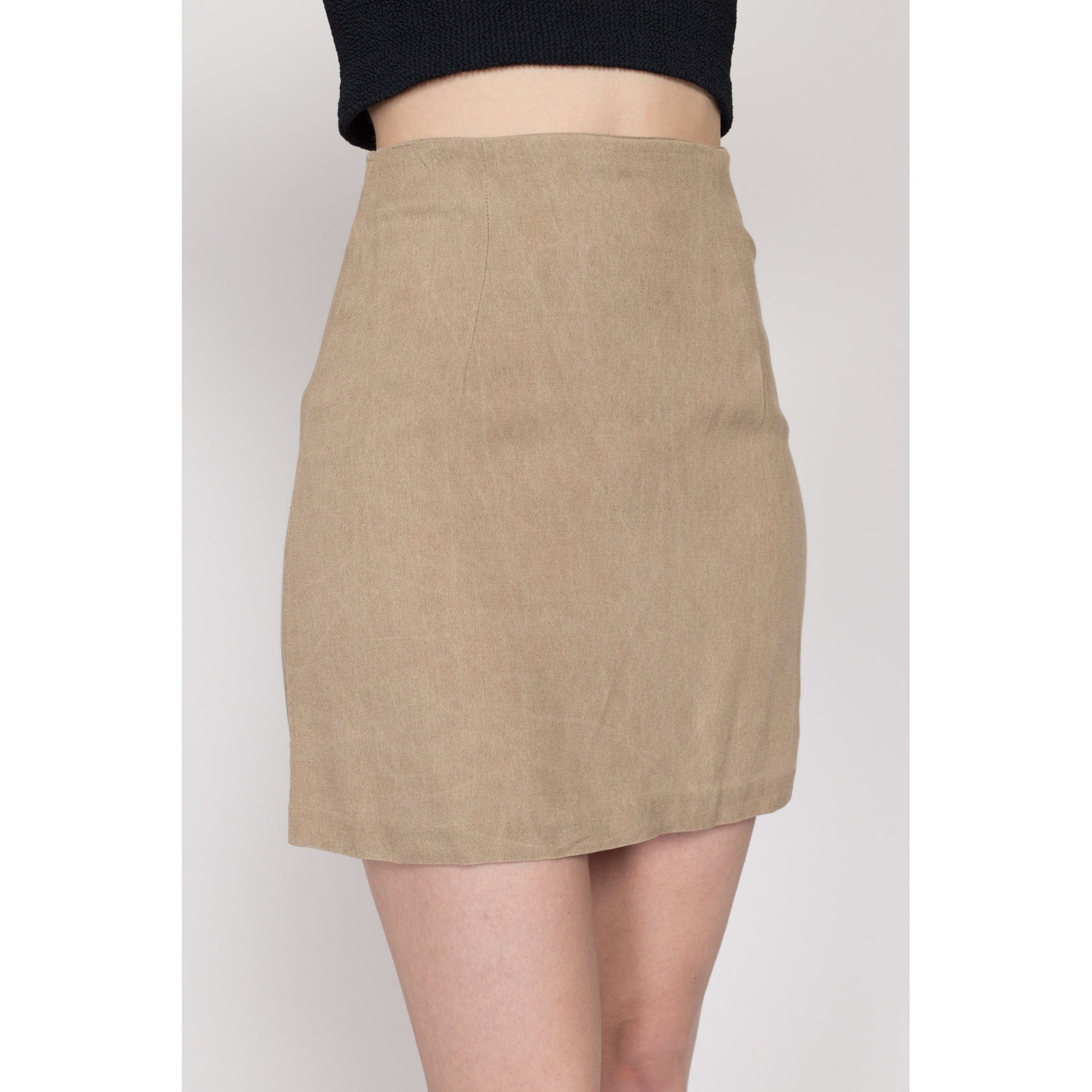 Small 90s Minimalist Tan Mini Skirt 26" | Vintage Plain High Waisted A Line Skirt